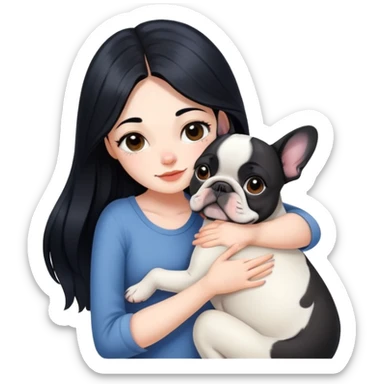 A beautiful girl with long black hair hugs a French bulldog sticker