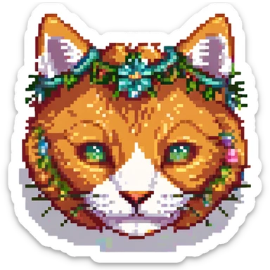 head of a ginger cat with a garland, pixel art sticker