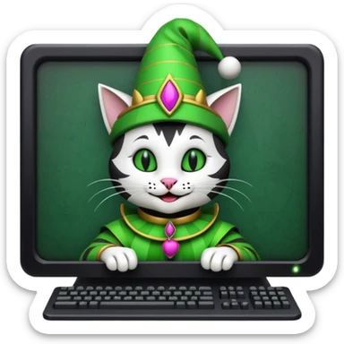 mac os icon code computer retro terminal, black, green white, fantasy court jester cat draw as ASCII code inside the terminal sticker