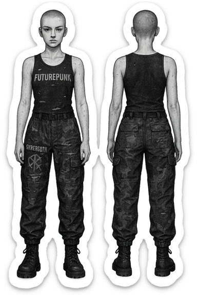 1 female outfit design for a VTUBER OC. The style is mixed 90's grunge, punk, lots of black and white in the color scheme, futuristic aesthetic. Clothing has small rips and tears from wear, logos and designs are faded. Garage, Shoegaze, postmodern style. character design concept art outfit for a female. [[FUTUREPUNK CYBERGOTH]] front on view, not 3/4 angle or any angle, perfect front, front and back view of each design, black and white patched gorka-style cargo lower, black graphic tanktop upper, buzz cut sticker