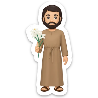 Create a full body, standing front view of Saint Joseph in an emoji style. He should wear a long tan robe similar to the reference image, have dark brown hair and beard. The background should be removed, leaving only the figure. sticker