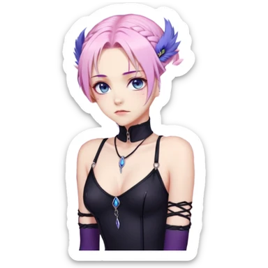 Gorgeous beautiful pretty grumpy anime lady long-pale-whitish-pastel-pink-hair with one braid on each side, hanging purple feather-ear-cuffs with pink tips in hair, black bodysuit, blue eyes, pink iris, ethereal, fashion aesthetic  sticker