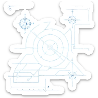 blue blueprint plan with white lines and a single dashed path from start to destination sticker