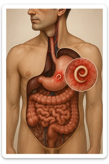 a 3D cutaway view of the human digestive tract, showing an Anisakis larva attached to the stomach or intestinal wall. in a man sticker