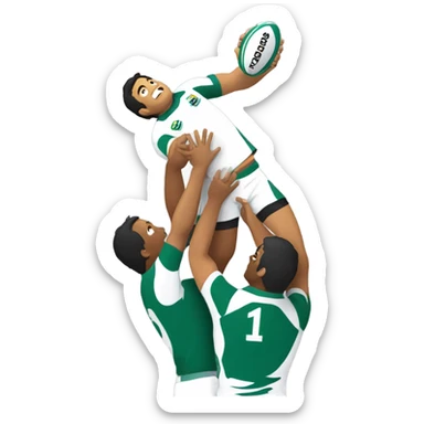a rugby lineout, two players lifting another who catches the ball sticker