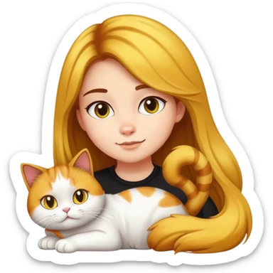 Girl with yellow and black Balayage longhair  petting her a white Garfield cat and a brown Garfield cat sticker