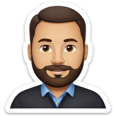 Very stocky businessman in his 40s with light brown skin, pear-shaped face, full cheeks, warm friendly smile, kind welcoming eyes, thick eyebrows, wide nose, short full beard, short dark hair, wearing a black button-up shirt sticker