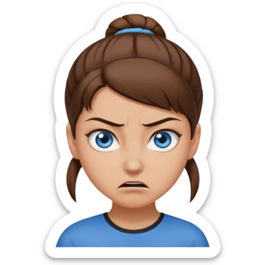 Girl with blue eyes, brown hair in a brown bun, no bangs, angry sticker