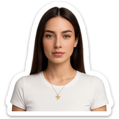 a composed woman with long straight dark brown hair parted in the center, smooth light skin, almond-shaped eyes with natural makeup, full pink lips, white fitted tee, gold four-leaf clover necklace, soft neutral gaze sticker