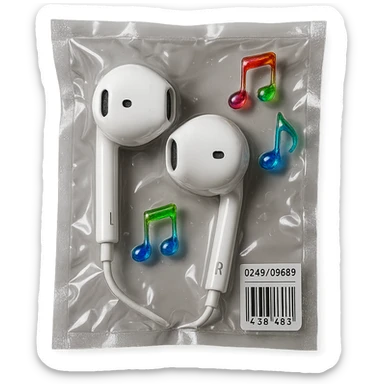 pair of white EarPods with three small rainbow glass music notes floating nearby, shiny and inflated sticker