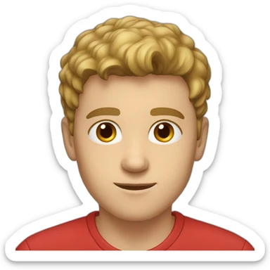 young white male with brown eyes and light brown mustage under nose, wearing red shirt sticker