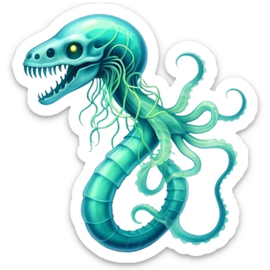 A phosphorescent deep-sea serpent with translucent scales that reveal its glowing skeleton, possessing both jellyfish-like tendrils and the ability to generate electrical pulses that illuminate the ocean depths. sticker
