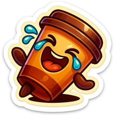 Tall coffee cup, laughing hard, tears in eyes, fallen over, dramatic laugh sticker