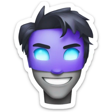 A teenage Robot boy face, metal gray Face, Glowing Blue Eyes, Violet Hair, Black Jacket sticker