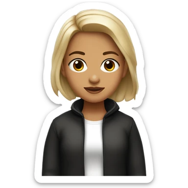 Niña de piel clara, ojos café claro, cabello lacio negro y playera blanca sticker