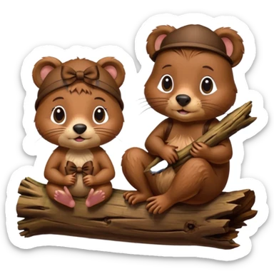 a girl beaver and a boy beaver on a log. give the girl eyelashes and a bow on top of her head sticker