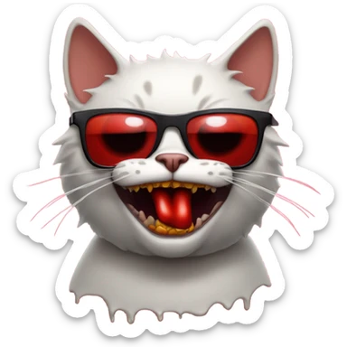 Cat with sunglasses, with sharp teeth, with red ooze dripping from mouth sticker