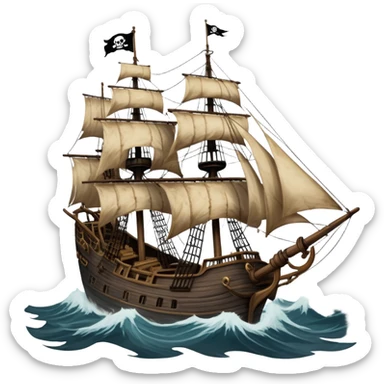 An icon representing an adventure game, inspired by high-seas exploration. The design features a fearless pirate gripping the wheel of a grand sailing ship, its tattered Jolly Roger flag billowing as it cuts through stormy waters. The scene evokes danger, treasure, and the thrill of the open sea. Transparent background. sticker