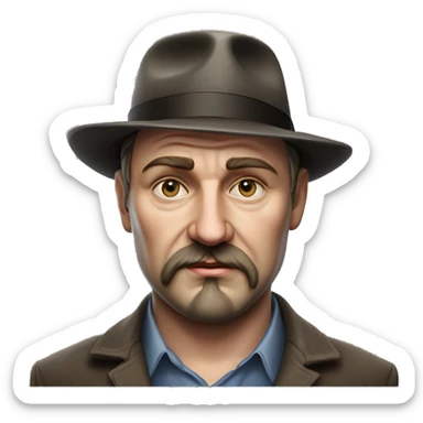 Russian writer Alexander Kuprin Photorealism A plump serious man of Slavic appearance with Small eyes with goatee beard and mustache, with a  short haircut, big detailed face, wrinkled face, wearing a fedora hat sticker