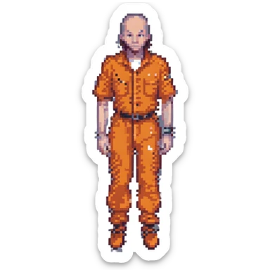 male prisoner in orange jumpsuit, pixel art style, minimal details sticker