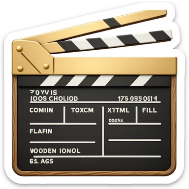 film clapper board with gold top section, white bottom section, and a bold diagonal line sticker