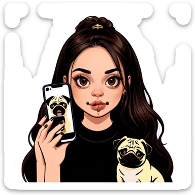 Beautiful young girl with choppy long dark brown hair flows over her her septum piercing is gold and shines as she holds her black phone and her large pug with an underbite layed beside her sticker