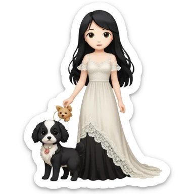 Pastel anime lady long hair with long lace dress full body holding puppy sticker