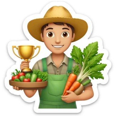 Happy gardener with trophy and prize vegetables sticker