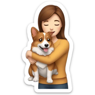 brown haired lady hugging a corgi sticker