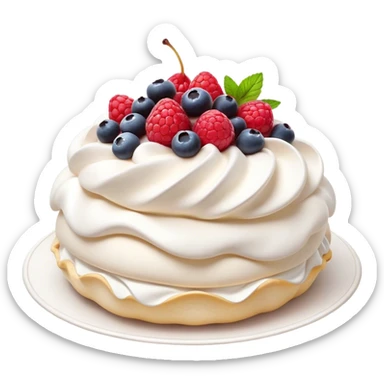 Cinematic Realistic Pavlova Dessert Emoji, showcasing a delicate meringue dessert topped with fresh fruit rendered with lifelike texture and soft natural lighting. sticker