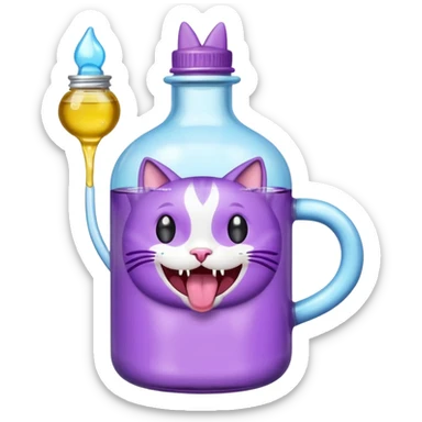 Smiling bottle of oil light purple top and light blue sticking tongue out and with cat ears sticker