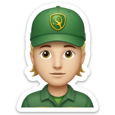 with a John Deere cap on his head and sticker