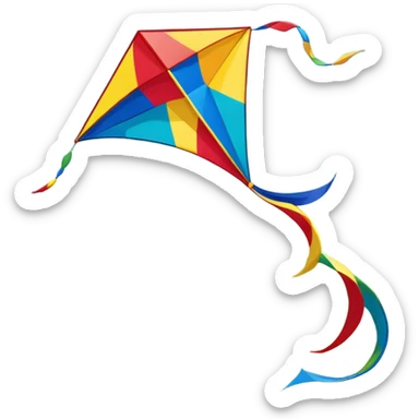 A colorful kite soaring high in the sky on a sunny day, with a long, flowing tail trailing behind. The background features an open field or beach, capturing the joy and freedom of flying kites, with gentle winds and a peaceful atmosphere. sticker