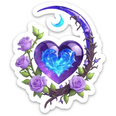 gothic heart made of amethyst purple glass, silver crescent moon, lavender roses, holographic stardust, neon blue lightning, drenched and splintered glass sticker