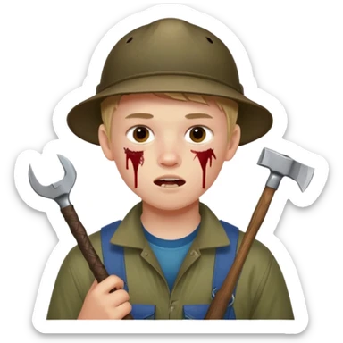 13 y/o Brian robeson at the beginning of Hatchet
determined, has hatchet, self-reliant, observant survivalist, berry juice on mouth, bug bites on face, white boy sticker