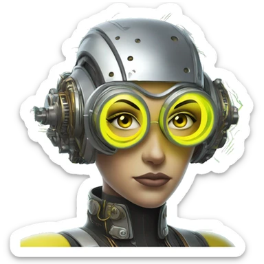 Caucasian female cyborg head with Neon yellow bobbed hair, silver steampunk goggles and circuits sticker