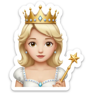 dorothy queen blonde hair, white dress with magic wand, rounded sparcle, and crown on head. sticker