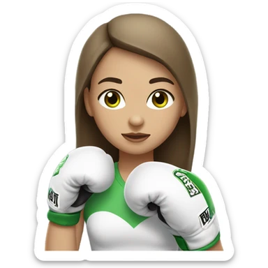 A girl with brown straight hair and green eyes, light skin, wearing white boxing gloves. sticker