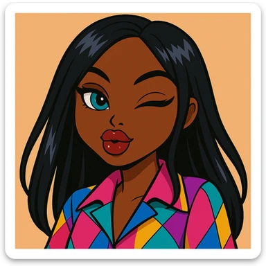 Headshot only of a 20-year-old anime Bratz style woman with dark skin and straight hair. She has a sassy attitude with a confident and playful expression. She wears a bold colorful fashion-forward look, has big expressive eyes, and glossy lips. No hat, no tears. sticker