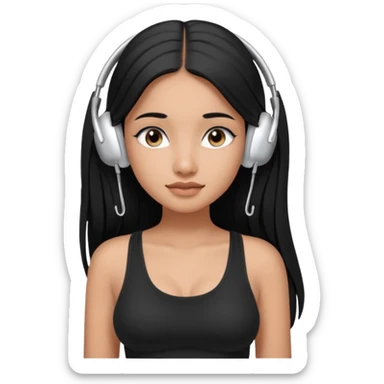 a fair indian girl with straight black long hair, wearing a black cami top. and wearing silver airpods max headphones on sticker