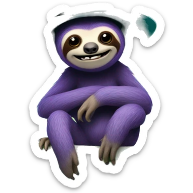 Purple sloth sitting on a banana tree wearing a bowler hat that is turquoise with an evil smile face  sticker