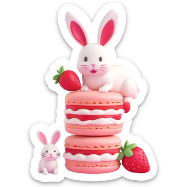 A 3D macaron with a strawberry on top and a bunny peeking out, pastel colors sticker