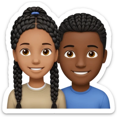 Dark black girl with black braids, smiling, and tan white boy with straight brown hair sticker