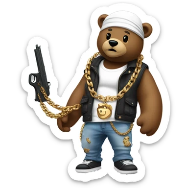 Bear wearing a durag with a white tank top and jeans and Jordan’s with a pistol in his hand and a big gold chain  sticker