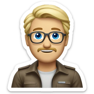 blond man, round mustache and goatee, aviator glasses for vision, long hair back, blue eyes sticker