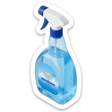 skeuomorphic 3D window cleaning spray bottle, detailed plastic texture, visible label, blue and white color scheme sticker