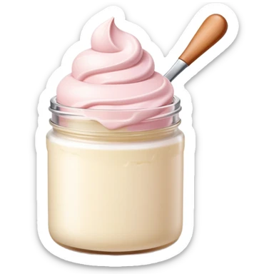 ultra realistic round single scoop of vanilla bean ice cream in light pink short jar no spoon sticker