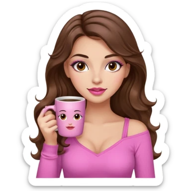 girl with long wavy brown hair, brown eyes, long lashes, makeup, ,sexy pink lips, light to medium complexion, pink sexy top, with a coffee mug sticker