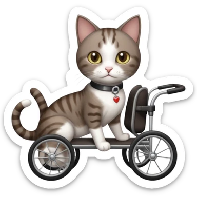 full body small short hair dark brown and white cat with hazel eyes walking in a wheelchair for cats sticker