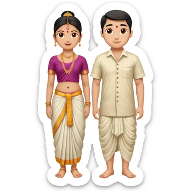 31 years young and small Brahmin boy with traditional formal cotton shirt and cotton lungi is pleasent peaceful thankful to 18 years young and fat and tall Brahmin girl with the complete decoration of bharatanatyam as godess lakshmi devi. sticker